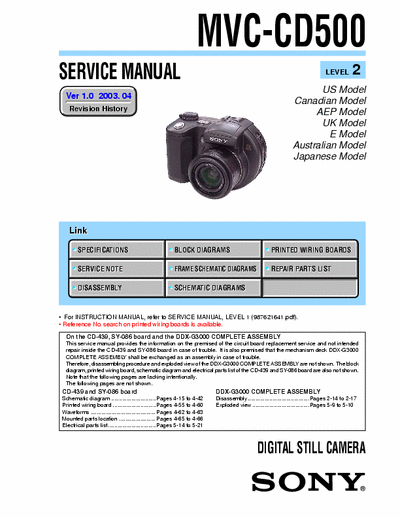 Sony MVC-CD500 57 page level 2 service manual for Sony Mavica digital camera model # MVC-CD500